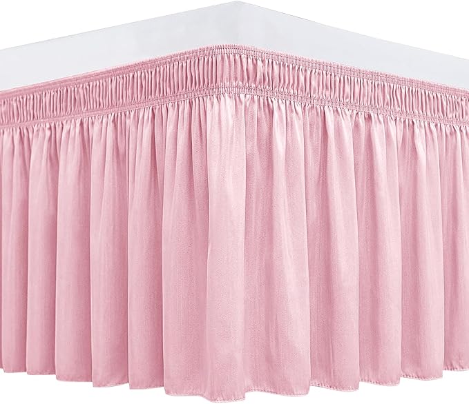 Biscaynebay Wrap Around Bed Skirts for King & Cal King Beds 15" Drop, Pink Adjustable Elastic Dust Ruffles Easy Fit Wrinkle & Fade Resistant Silky Luxurious Fabric Machine Washable