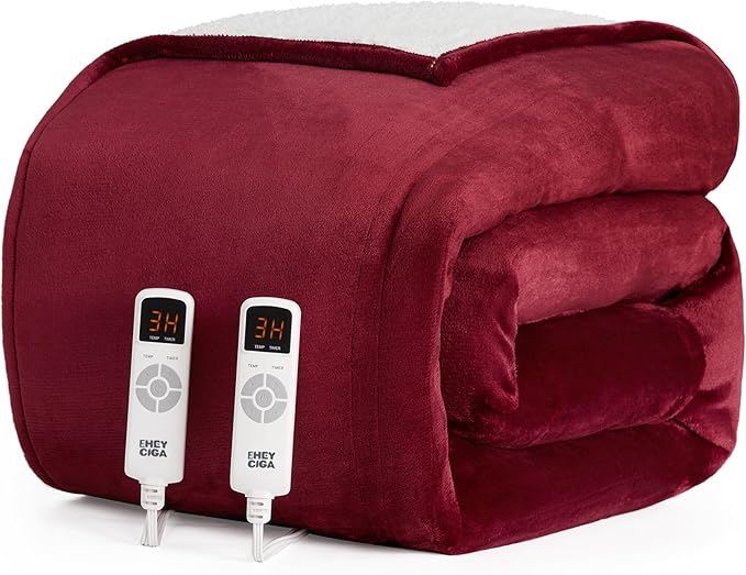 EHEYCIGA Heated Blanket Electric Blanket King Size - Heating Blanket with 9 Heating Levels & 10 Hours Auto Off, Soft Cozy Sherpa Washable Dual Control Blanket with Fast Heating, 90 x 100 Inches