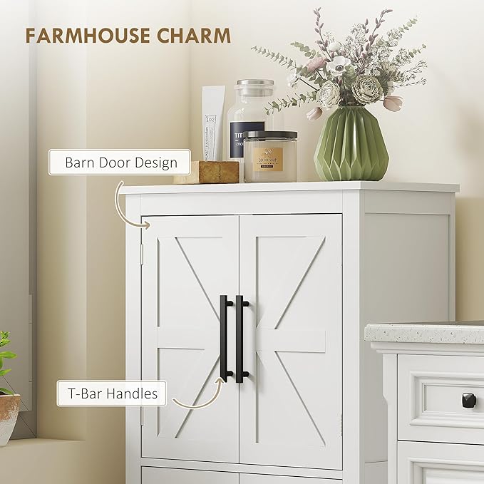 HOMCOM Farmhouse Bathroom Storage Cabinet with 4 Barn Doors, Bathroom Floor Cabinet with 2 Adjustable Shelf, Freestanding Storage Cupboard, White