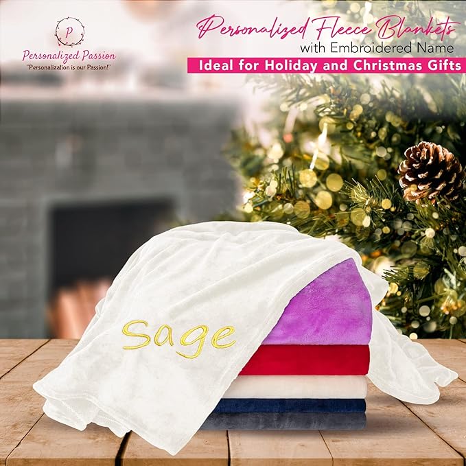 Personalized Blankets for Adults - Custom Blanket with Embroidered Name or Monogram - Soft Fleece Throw Cover for Bed & Couch - Cream (60"x80")