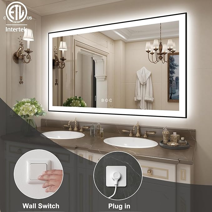 SMIROR Black LED Bathroom Mirror 50x36, Lighted Vanity Mirrors with Lights, Dimmable, Anti-Fog, Memory, Shatterproof (Real Front Lights + Backlit)