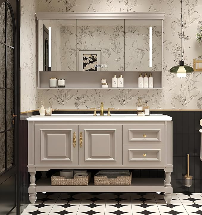 36" Bathroom Vanity with Sink,Freestanding Bathroom Vanity Large Storage Cabinet & Open Mirror Cabinet,2 Soft Closing Doors and 2 Drawers Solid Wood Luxury Bathroom Vanities Set,White