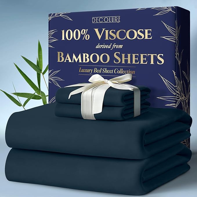 DECOLURE 100% Viscose Derived from Bamboo Sheets King Size 4pcs - Ultra Soft & Luxuriously Cooling, 17" Deep Pocket, Double Stitching, Perfect for Hot Sleepers - King Bed Sheets (Navy Blue)