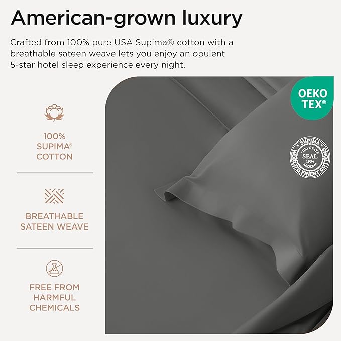 Threadmill American Supima King Size Sheets Set | 656 Thread Count 4 Piece Luxury Bed Sheets for King Size Mattress | 5 Star Hotel Quality Sheets with Elasticized Extra Deep Pocket | Dark Grey Sheets