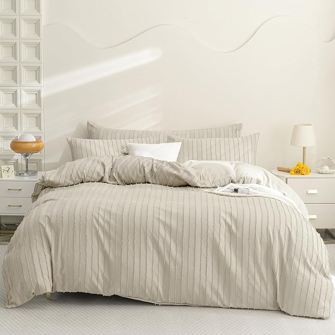 JELLYMONI Duvet Cover Queen Size Light Khaki - 3PCS Boho Striped Duvet Cover Set Polyester Tufted Bohemian Textured Comforter Cover 90×90in with Corner Ties & Zipper and 2 Pillowcases