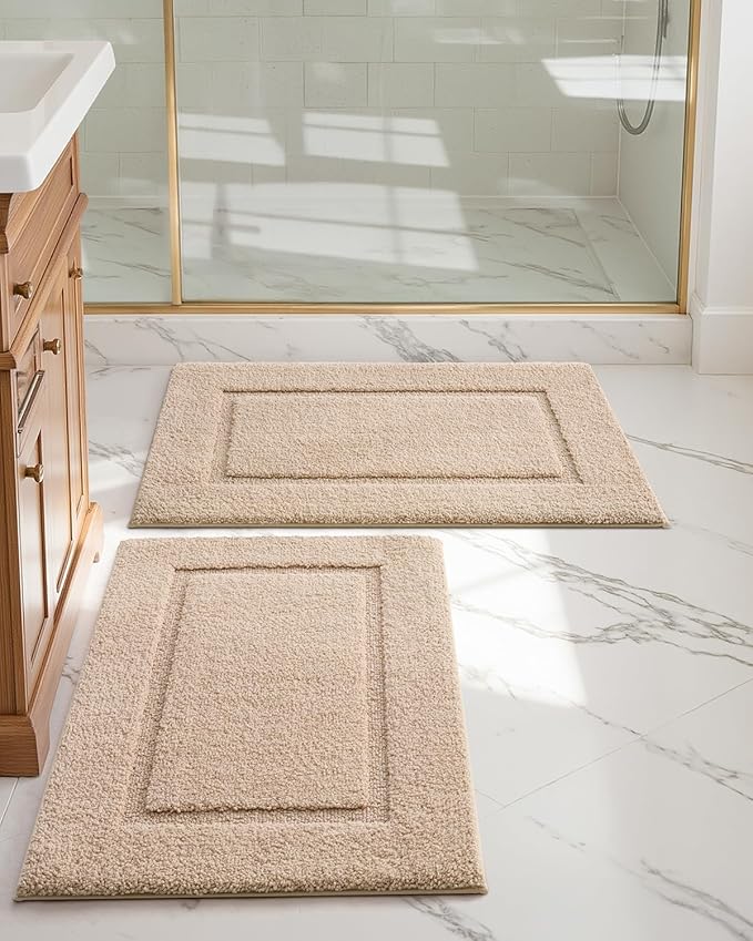 DEXI Bathroom Rugs Set 2 Piece 24x16, Washable Non Slip Bath Mat for Shower Floor, Absorbent Quick Dry Bathmat with Rubber Backing, Ultra Soft Plush Carpet for Tub, Beige
