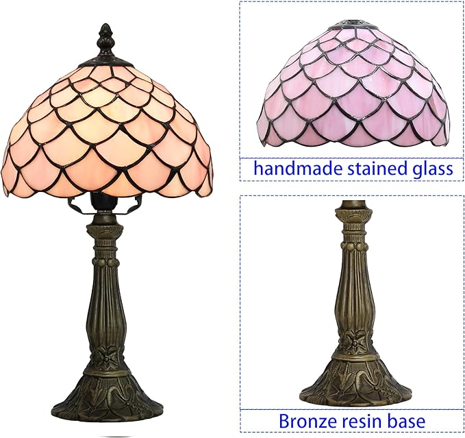 Tiffany Table Lamp for Bedroom Bedside Nightstand Table Lamps for Living Room 3 Way Color Temperatures Stained Glass Table Lamp 8X8X15 Inch Home Office Reading Desk Lamp (Pink Fish Scales)