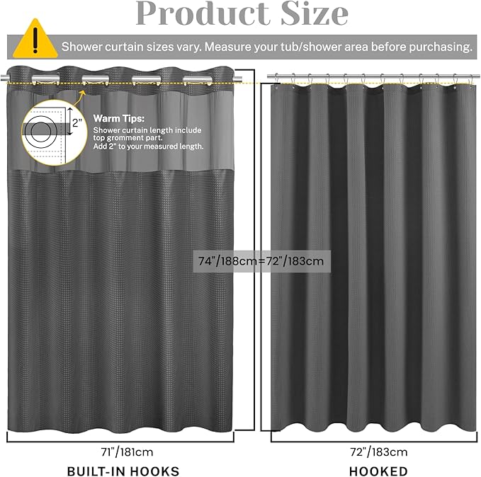 No Hook Shower Curtain with Snap in Liner Set Waffle Shower Curtain for Bathroom Hotel Style Fabric Waterproof Inner Liner，71" W x 74" H, Dark Grey