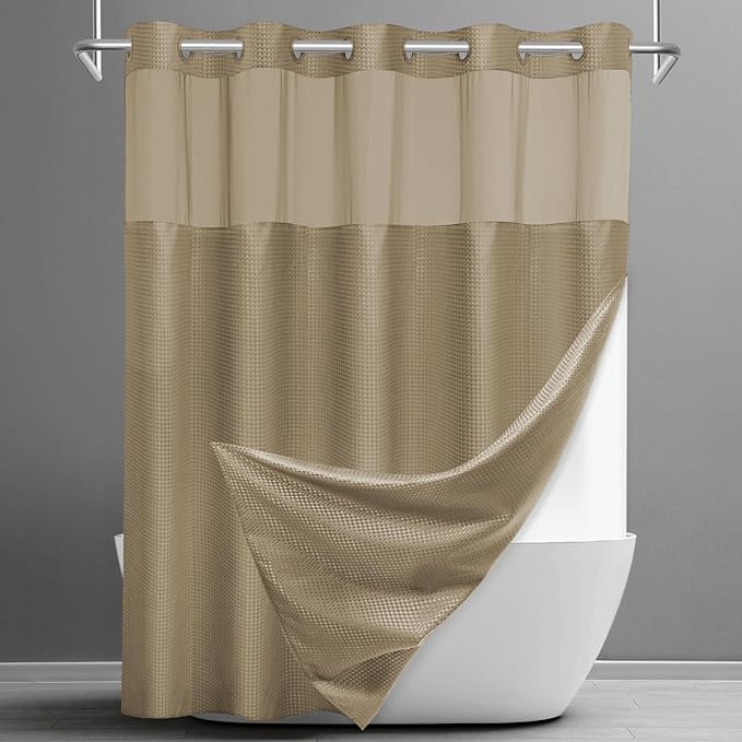 No Hook Shower Curtain with Snap in Liner Set Waffle Shower Curtain for Bathroom Hotel Style Fabric Waterproof Inner Liner，71" W x 74" H, Beige