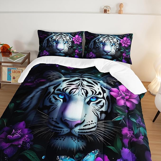 Wild Animal Themed Comforter Set Full Size,White Leopard Floral Print Bedding Sets for Kids Teens Room Decor,Gothic Bedding All Season with 2 Pillowcases.