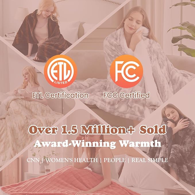 Heated Throw Blanket Faux Fur & Sherpa, Safe Electric Blanket ETL & FCC Certified, Soft Warm 6 Heating Levels & 4 Hours Auto-Off, Machine Washable, 50"x60" Dark Brown