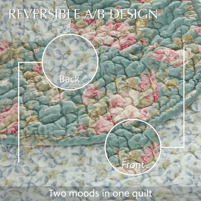 Cotton Bedspread Quilt Bedding Sets, 3 Pieces Reversible Coverlets Comforters Star with Red Floral Real Patchwork Bedspread,Queen Size