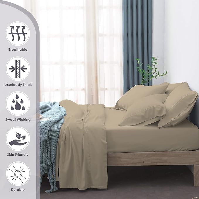 Pizuna Pure 100% Cotton Bed Sheets Set King Size Simply Taupe, 800 Thread Count 100% Long Staple Cotton Sateen King Sheet Set with 15" Deep 2 Extra Pillowcases (Combed Cotton Bed Sheet Set)