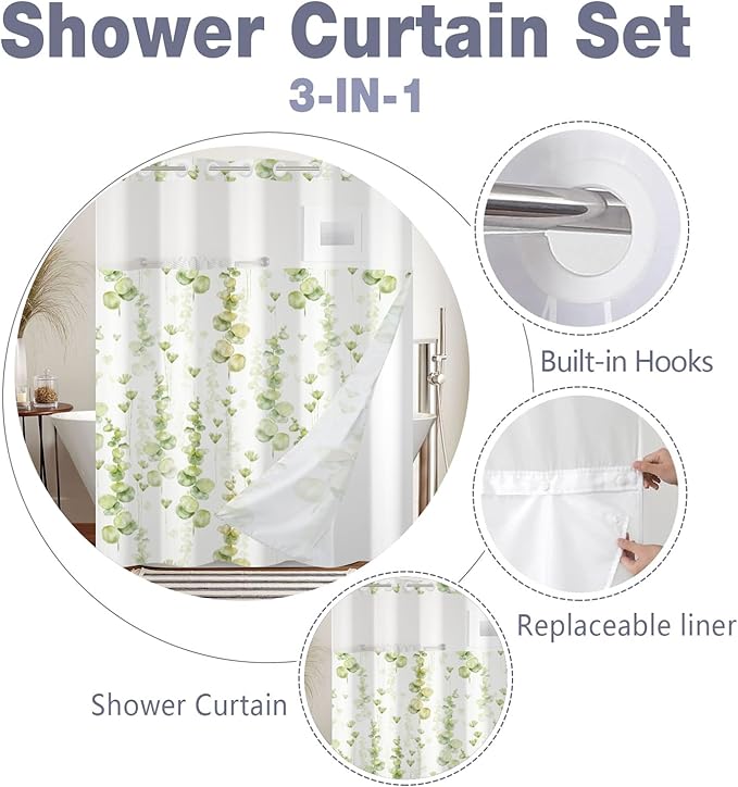 Green Leaves Shower Curtain No Hooks with Snap-in Fabric Liner Set,Spring Plant Vine Shower Curtain for Bathroom,Hotel Decor Waterproof Shower Curtains,with See Through Top Window,71W x 74H