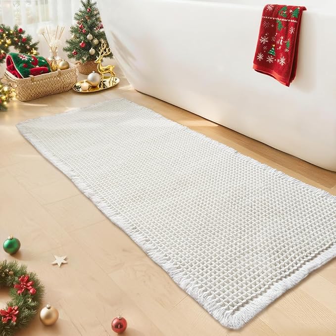White Long Bathroom Rugs, Waffle Runner Bath Mat Non Slip Washable, Super Absorbent & Quick Dry, Boho Bath Mat Farmhouse Bathroom Decor, 24'' x 72'', White