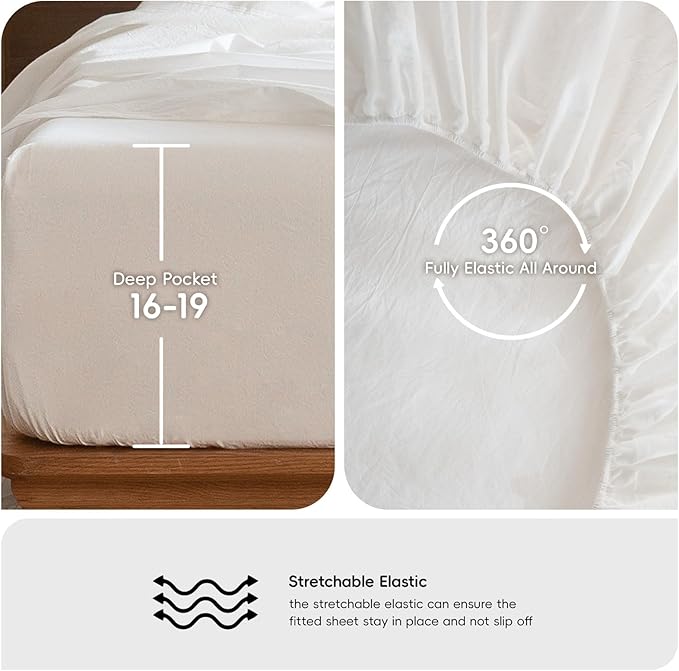 MooMee Bedding Sheet Set 100% Washed Cotton Linen Like Textured Breathable Durable Soft Comfy (Solid Off White, Full)