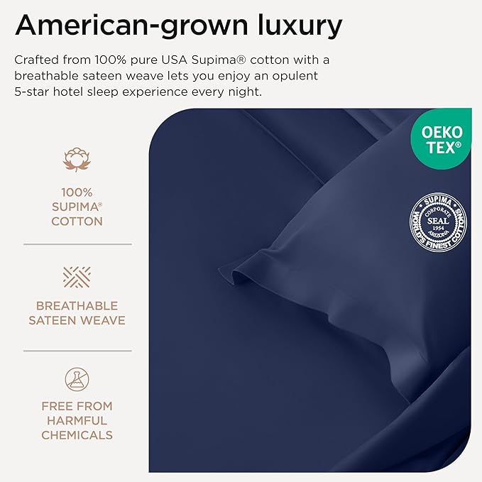 Threadmill Supima Cotton Sheets Queen, 1000 Thread Count Queen Sheets for Queen Mattresses, 4 Piece Luxury Bed Sheets, Sateen Weave Hotel Quality Sheet with Elasticized Deep Pocket, Folkstone Blue