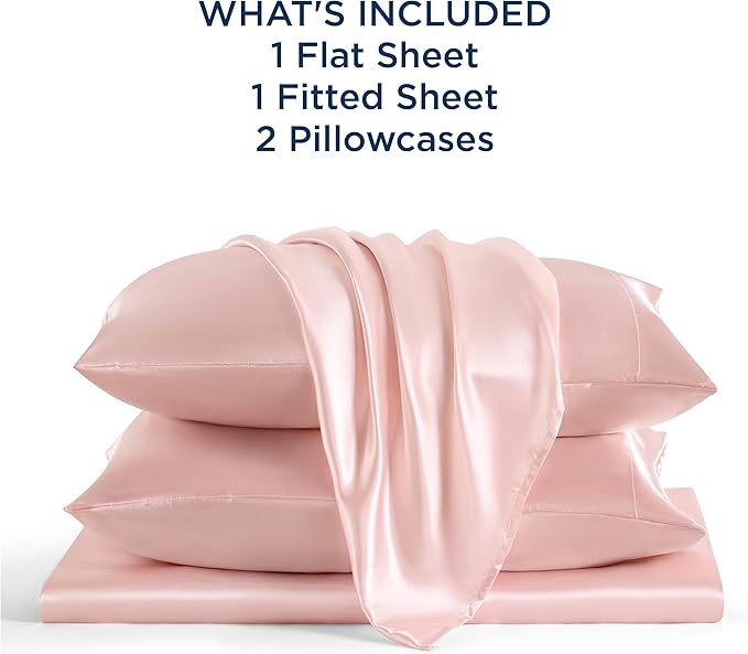 Bedsure Pink Satin Sheets Full Size - 4 Piece Silky Bedsheets with 15 Inches Deep Pocket Fitted Bedsheet,1 Flat Sheet, 2 Satin Pillowcases, Good for Hair & Skin (Full, Pink)