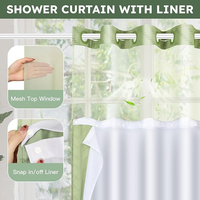 No Hook Shower Curtain and Snap in Liner Set Sage Green Tufted Chevron Striped Cloth Waterproof Washable Fabric Boho Modern Bath Curtain See Through Mesh Top Window for Bathroom Hotel 71" x 86"