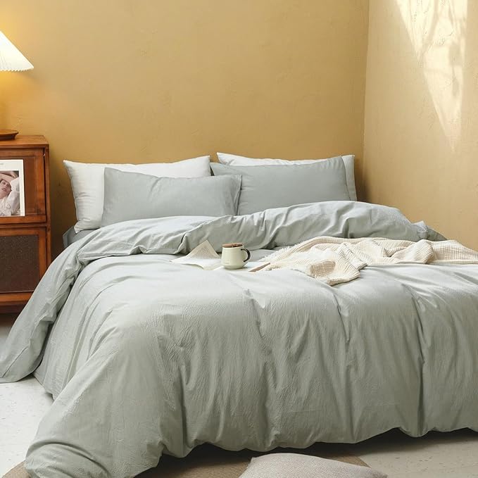 FOSSA Duvet Cover Set 100% Washed Cotton Linen Feel Super Soft Breathable Cozy 3 Pieces Bedding Sets Solid Sage Green Twin