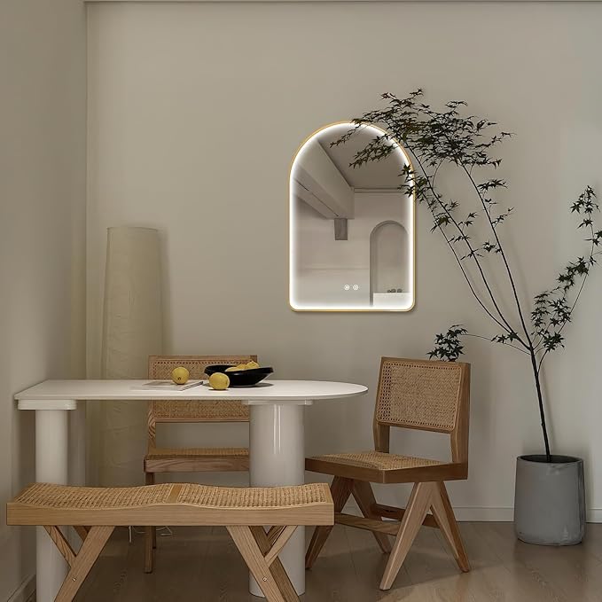 Niccy Arched LED Bathroom Mirror, 32"x20" Gold Framed Arch Wall Lighted Mirrors, Arching Frontlit Vanity-Mirror with Memory Function for Bathroom Bedroom, Defogger and 3 Color, Explosion-Proof