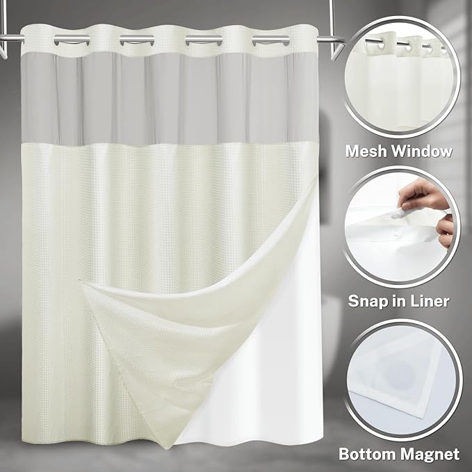 No Hook Shower Curtain with Snap in Liner Set Waffle Shower Curtain for Bathroom Hotel Style Fabric Waterproof Inner Liner，71" W x 74" H, Ivory