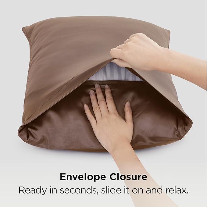 Bedsure Satin Pillowcases, Similar to Silk Pillow Cases Queen Size Set of 2, Pillow Case for Sleeping Women with Envelope Closure, Gifts for Women Men, Brown, 20x30 Inches, 2pcs