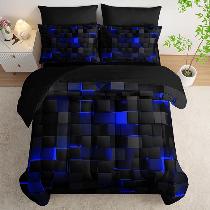Queen Size Comforter Set 7 Piece - Black and Blue Modern Bedding, 3D Cube Design, Soft Microfiber, Gamer Bed Set, All Season