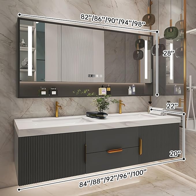 Bathroom Vanity with Double Sink, Modern Bathroom Vanities Compo Includes LED Smart Defogging Mirror Cabinet and Open Shelf, Solid Wood Bathroom Sink Vanity with Slate Countertop (Dark Grey,96")