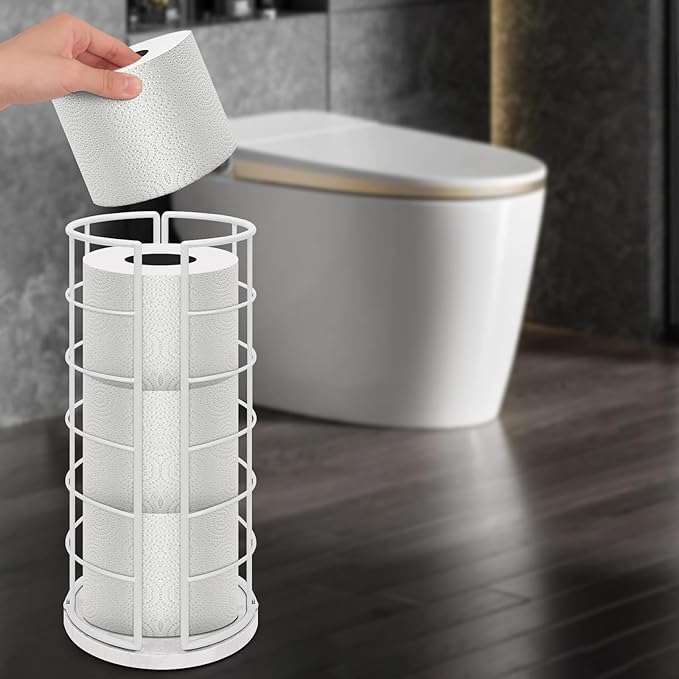 NearMoon Toilet Paper Organizer Stand, Free Standing 3 Rolls Tissue Storage, Metal Bathroom Accessory, Rustproof Toilet Roll Holder for Kitchen Countertop Inside Cabinet Shelf(Marble Base, White)