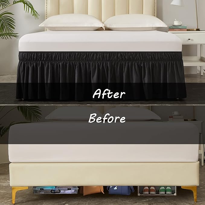 MEILA Wrap Around Bed Skirt Three Fabric Sides Elastic Dust Ruffled 16 Inch Tailored Drop,Easy to Install Fade Resistant-Black, Twin/Full