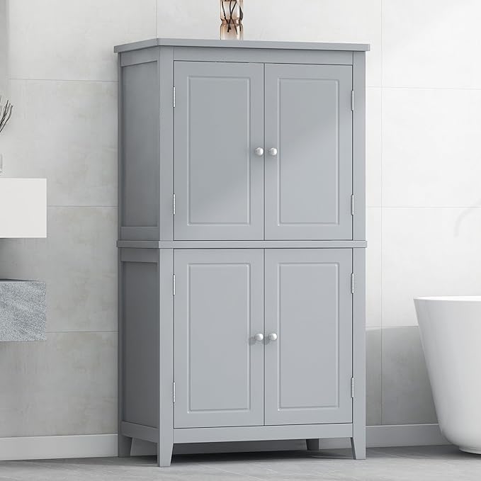 Freestanding Storage Cabinet with 4 Doors,Elegant Organizer Unit with Adjustable Shelves, Sturdy MDF Frame, Anti-Tipping Design, Large Capacity for Bathroom, Kitchen, Office, Home, Grey