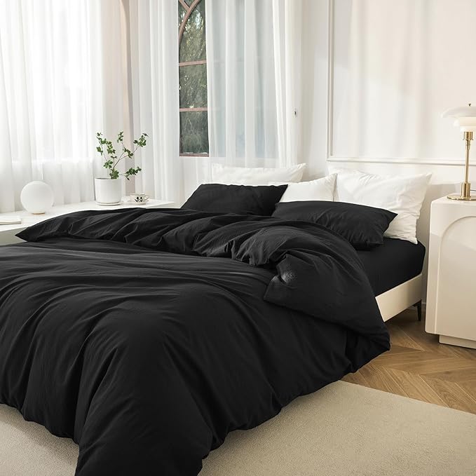 JIYUAN 100% Washed Cotton Duvet Cover Set 3 Pieces Oversized King, 1 Duvet Cover 120x98 Inches(Comforter Not Included) and 2 Pillowcases,Linen Feel Bedding Set Comfy and Breathable,Black