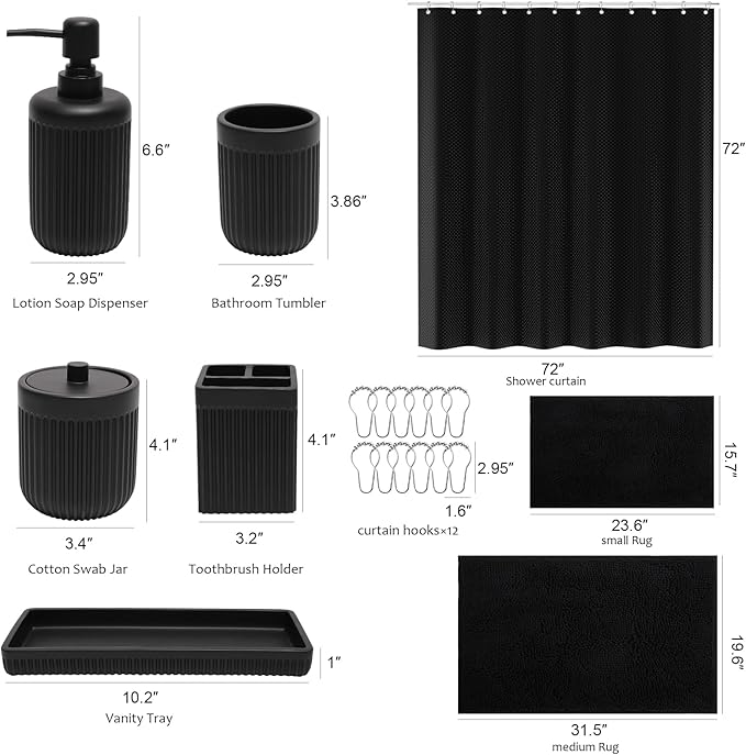 8-Piece Matte Black Bathroom Set - Luxury Resin Bathroom Accessories Sets Complete with Shower Curtain and Rugs, Soap Dispenser, Toothbrush Holder, Cup, Apothecary Jars & Tray