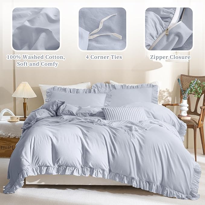 QSH Washed Cotton Ruffle Duvet Cover King Size,3 Pieces Cornflower Blue Farmhouse Vintage Shabby Comforter Cover Linen Feel French Country Rustic Bedding Set Soft Breathable Quilt Cover Set