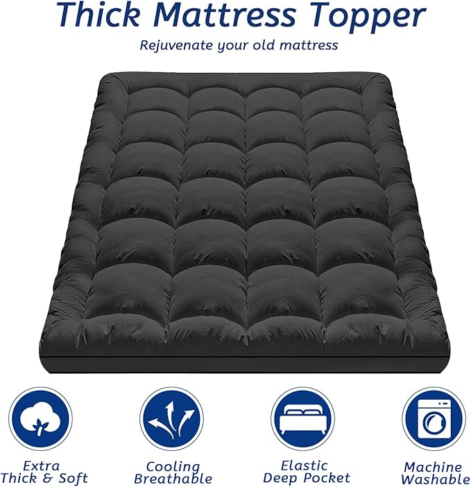 Full Size Mattress Topper for Back Pain, Cooling Extra Thick Mattress Pad Cover with 8-21 inch Deep Pocket, Plush Pillow Top Mattress Topper Overfilled with Down Alternative, Full Size, Black