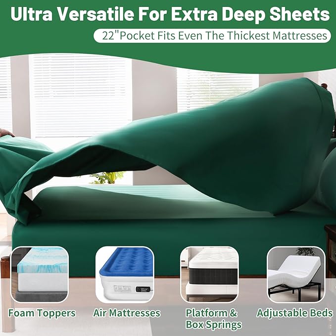 Extra Deep Pocket King Sheets 18-24 Inch 1000 Thread Count 100% Egyptian Cotton Sateen Weave Soft Breathable 4 Pieces（King，Dark Green）