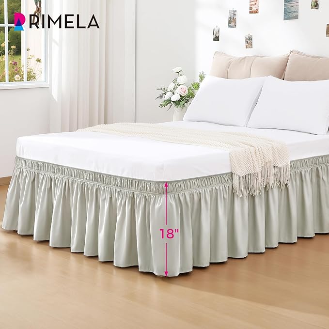 RIMELA Light Grey Bed Skirt King Size 18 Inch Drop, Wrap Around Elastic Bedskirt, Dust Ruffle for Adjustable Bed Base Machine Washable Easy to Install Bed Skirts