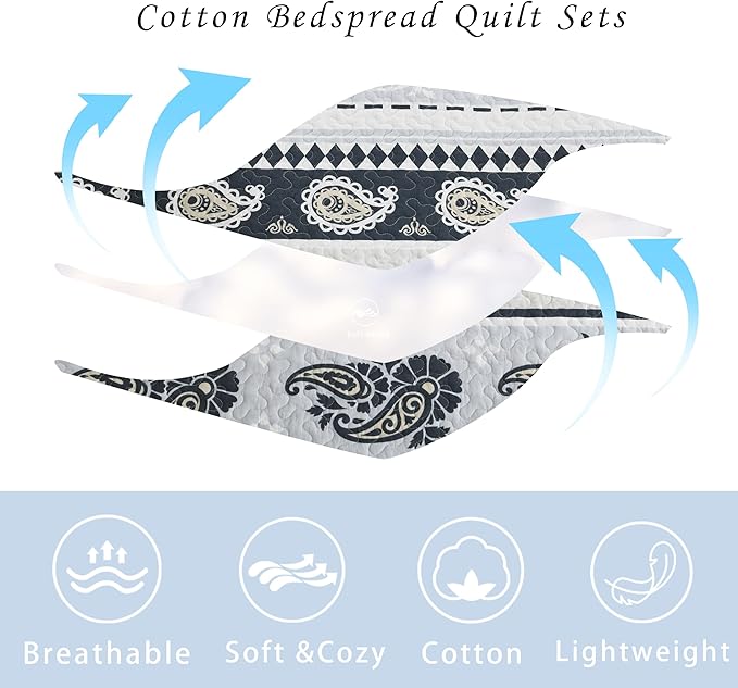 Cotton Comforter Set, Blue Quilts Queen Size, Luxury Striped Bedding Queen Size,Lightweight Reversible Bedspread 3 Piece