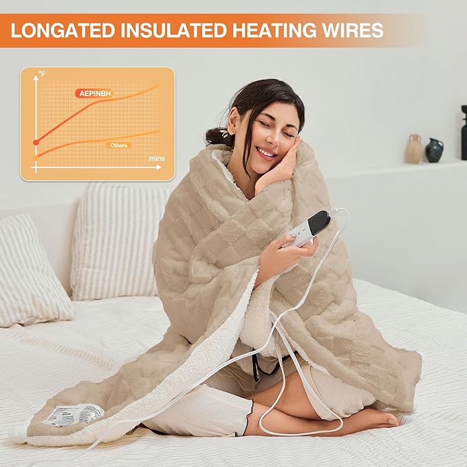 Heated Blanket with 6 Heating Levels 10 Hours Time Setings and Auto-Shut Off, Soft Checked Flannel Fast-Heating Electric Blanket (Khaki, 90"X100")