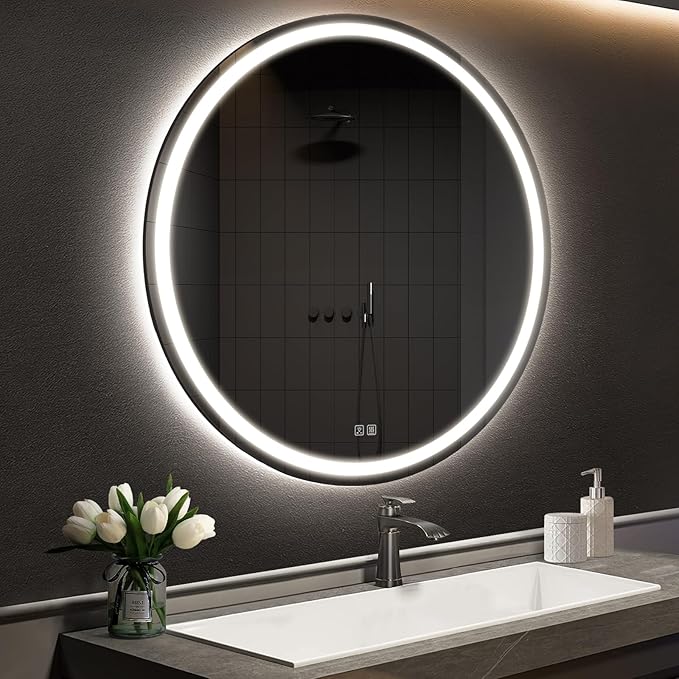 APRILSOUL 32 Inch Round LED Bathroom Mirror with Lights, Makeup Mirror with Front and Backlit, Anti-Fog, 3 Colors and Dimmable Light