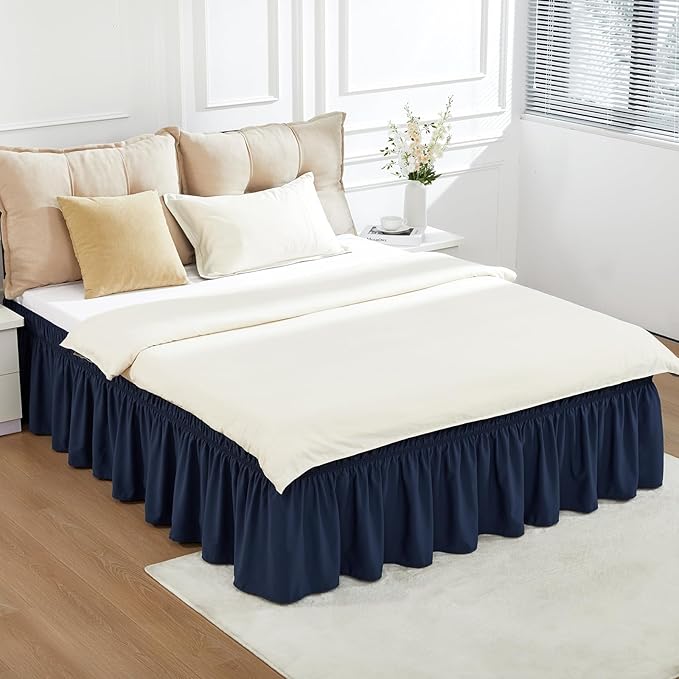 RIMELA Navy Blue Bed Skirt Queen Size 18 Inch Drop, Elastic Bed Skirting for Bed Base and Frame, Bedding Dust Ruffle Easy to Install, Lightweight Wrap Around Adjustable Bedskirt