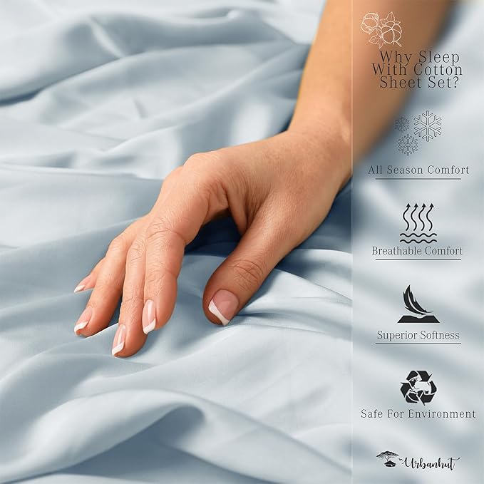 URBANHUT 1000 Thread Count King Sheet Set Egyptian Cotton, Long Staple Soft & Breathable, 4 Pc Bed Sheet Sets,Sateen Weave Luxury Hotel Sheets Fits 16" Deep Pocket - Light Blue