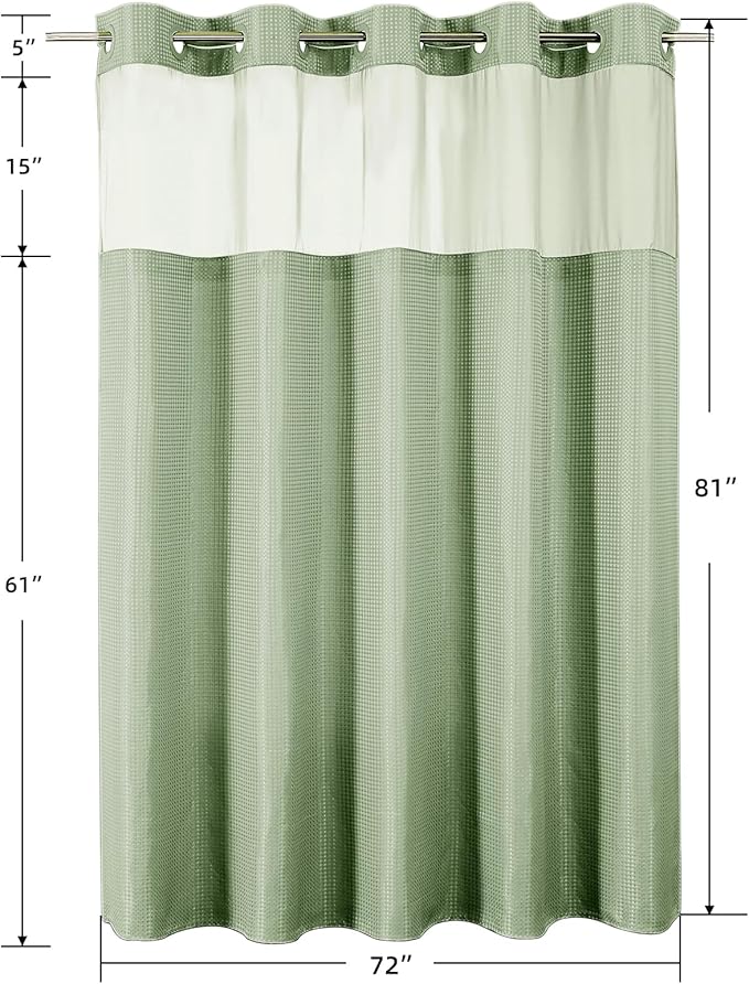 Colorful Star No Hook Shower Curtain with Snap in Fabric Liner, Waffle Weave Heavy Duty Thick Shower Curtains with Mesh Top Window, Hotel Style Waterproof Bathroom Curtain Set, 72'' x 81'', Sage Green