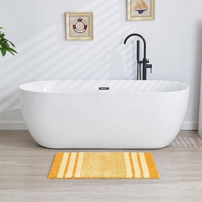 CozeCube Bath mats for Bathroom Non Slip, Fluffy Absorbent Microfiber Bath mat Washable, Aesthetic Bathroom Rugs, Cute Harvest Gold Striped Bath mat, Harvest Gold, 32" x 20"