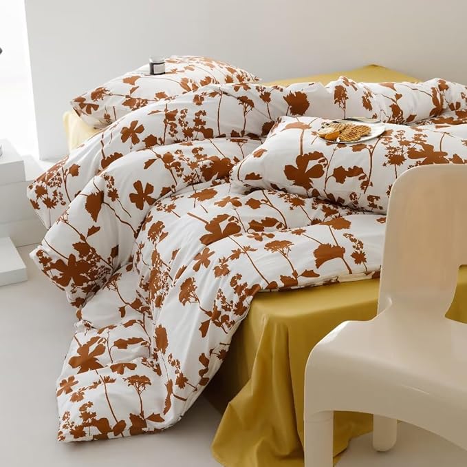 KAREVER Pumpkin Botanical Comforter Set Full White and Pumpkin Floral Plant Bedding Comforter Set Girls Pumpkin Color Blossom Leavs Printed on White Blanket Full Size