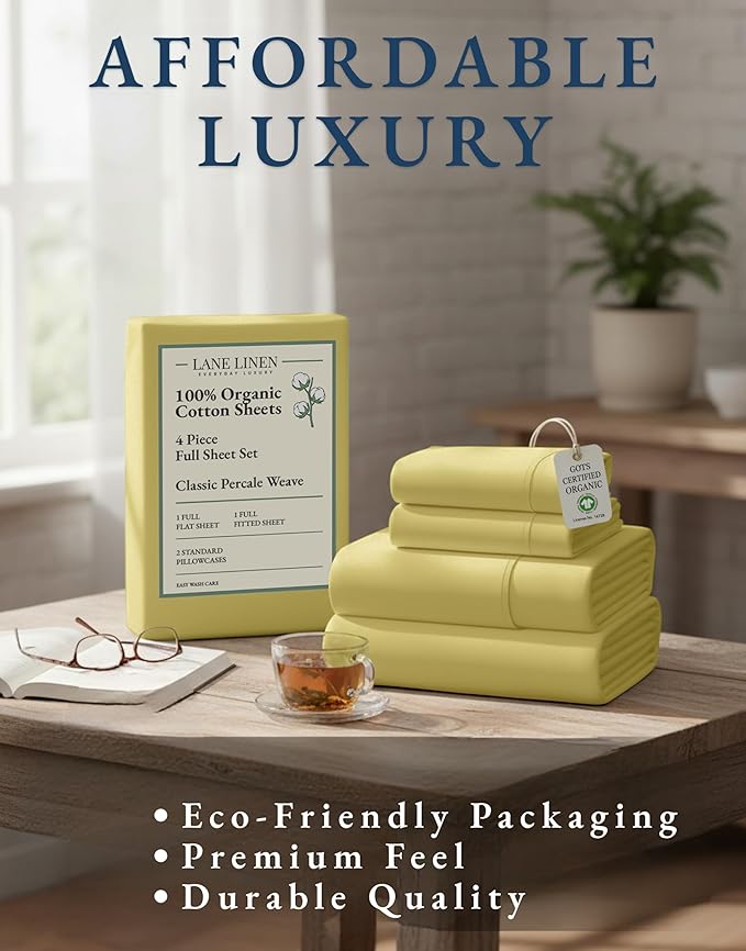 LANE LINEN 100% Organic Cotton Vintage Pre Washed Bed Sheets Full Size, Eco Friendly Sustainably Produced, Machine Washable Naturally Temperature Regulating Full Size Bedding- Cocoon