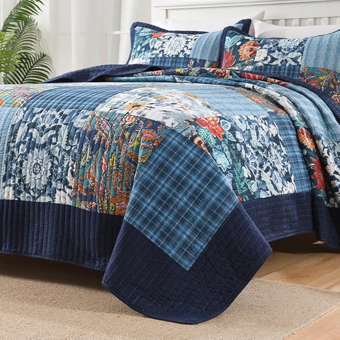Autumn Dream Cotton Bedspread Quilt Sets Reversible Bedding Coverlet Sets, Luxury Vintage Paisley Floral Patchwork Blue Bedspread, Queen Size
