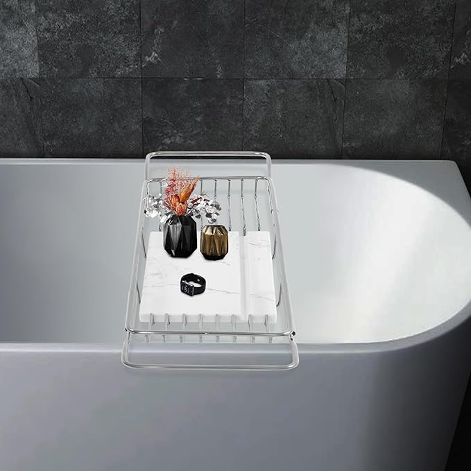 Bathtub Tray & Bathtub Caddy, Expandable Stainless Steel Bath Tub Table with Reading Holder, Adjustable Over The Tub Tray for Bathroom Accessories and Organization