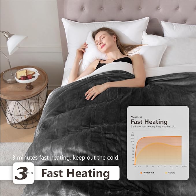 Wapaneus Heated Blanket Electric Throw 72" x 84" Full Size with 10 Heating Levels 12 Hours Time Setings and Auto-Shut Off, Flannel Fast-Heating Electric Blanket, Dark Grey